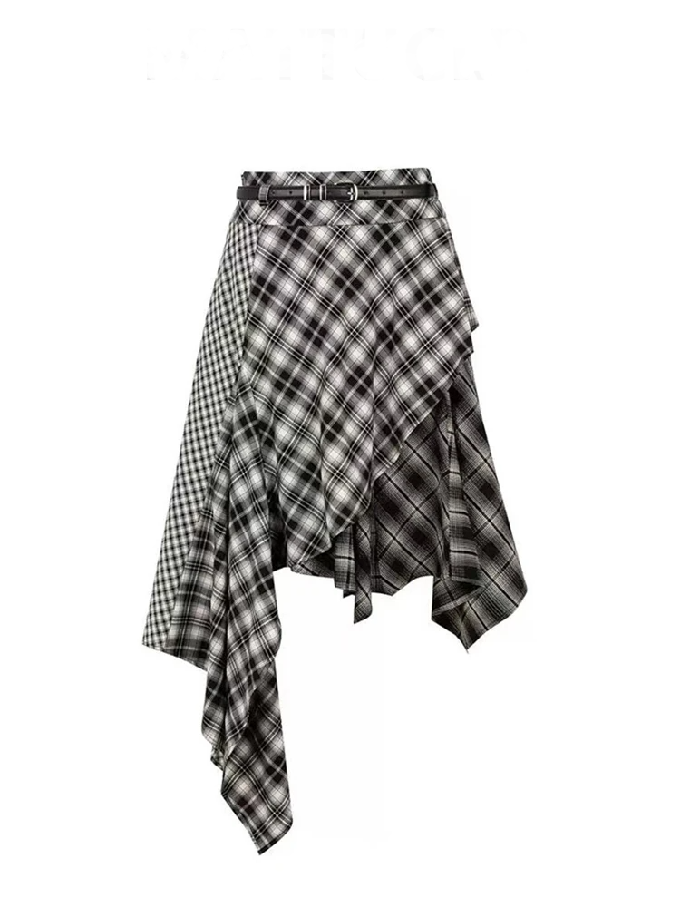 Goblincore Asymmetrical Plaid Midi Skirt