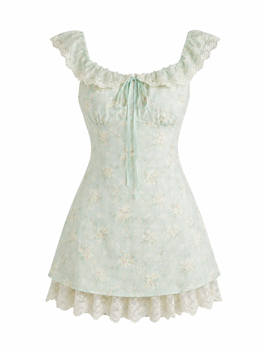Cottagecore Mint Floral Lace-Trim Mini Dress