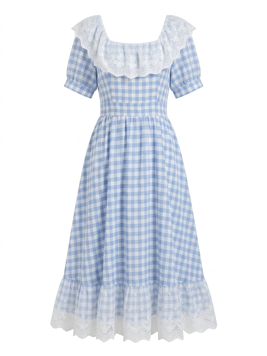 cottagecore blue dress Plaid Lace Ruffle Midi mermaid dress rose gold Color:Blue Heaven Bengaline Satin Shirt Milkmaid dress and tie back belt