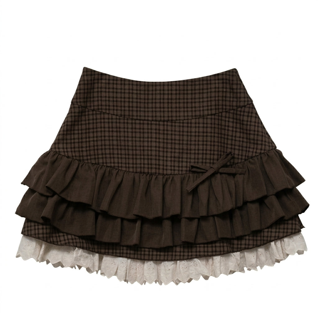 Dark Cottagecore Tiered Ruffle Plaid Mini Skirt