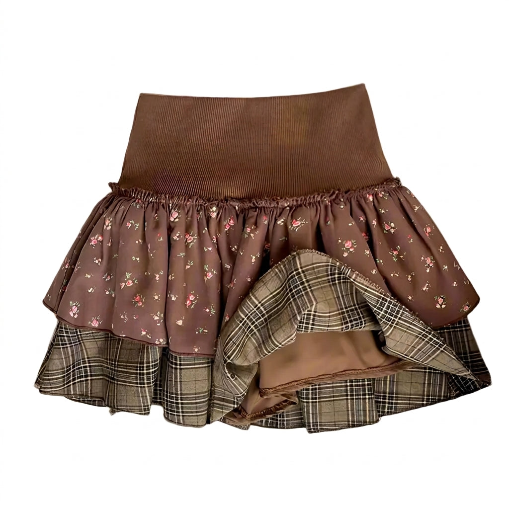 Dark Cottagecore & Plaid Tiered Mini Skirt