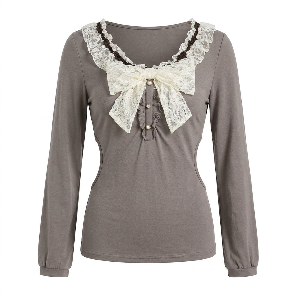 Cottagecore Rose Lace Bow Henley T-Shirt