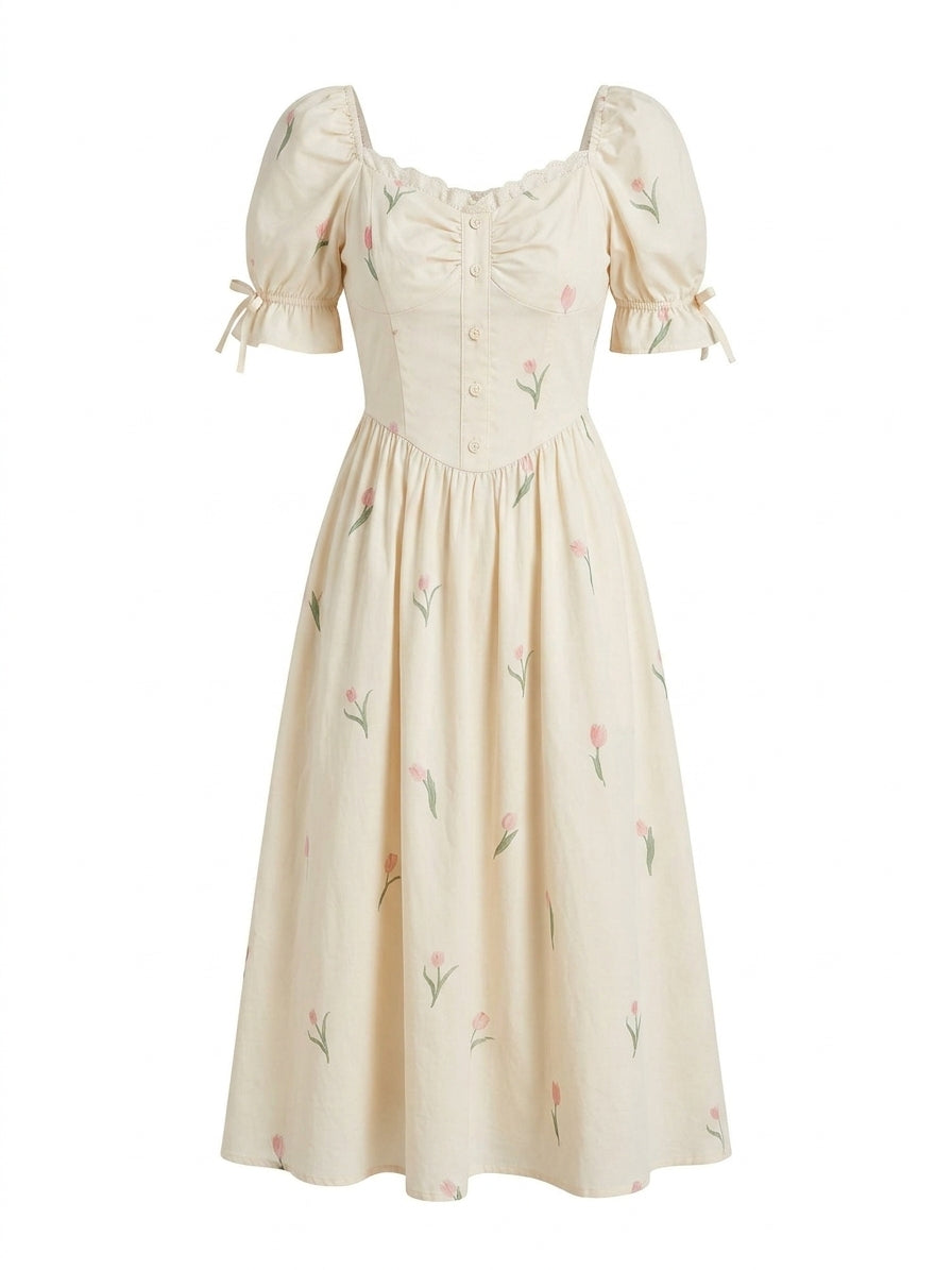 cottagecore dress to impress Cottagecore Embroidered Puff Sleeve Midi Dress