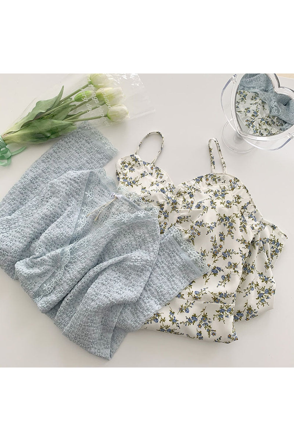 Two Piece Flower Long Dress & Vintage Blue Cardigan cottagecoreclothes