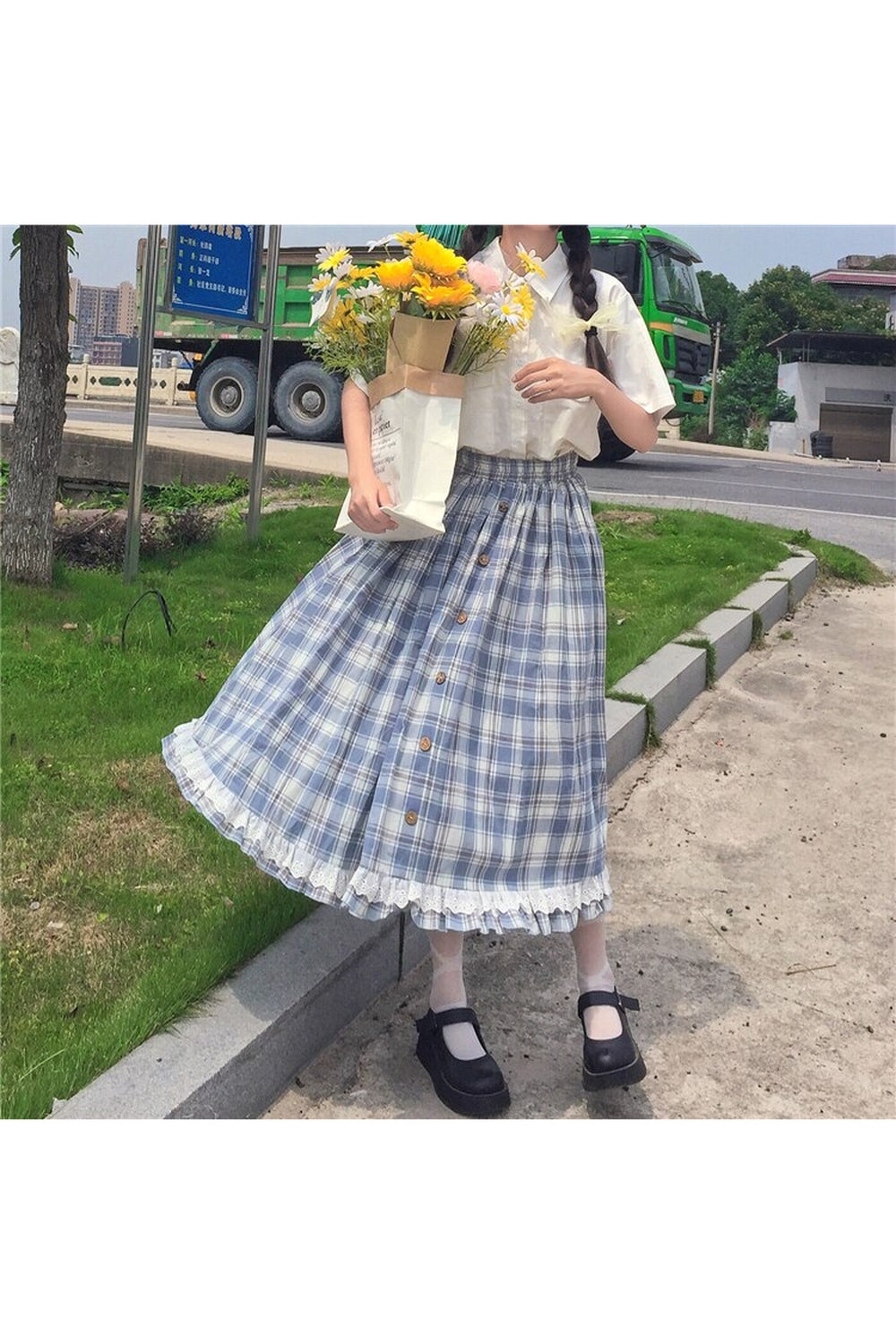 Vintage Plaid Ruffles Cotton Skirt cottagecoreclothes