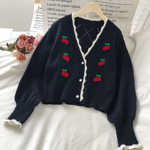 Cherry Embroidered Sweater - Sweaters - Сottagecore clothes