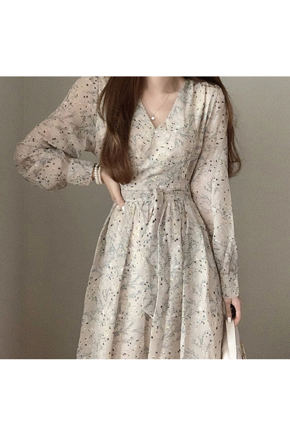 Long Sleeve V Neck Floral Dress cottagecoreclothes
