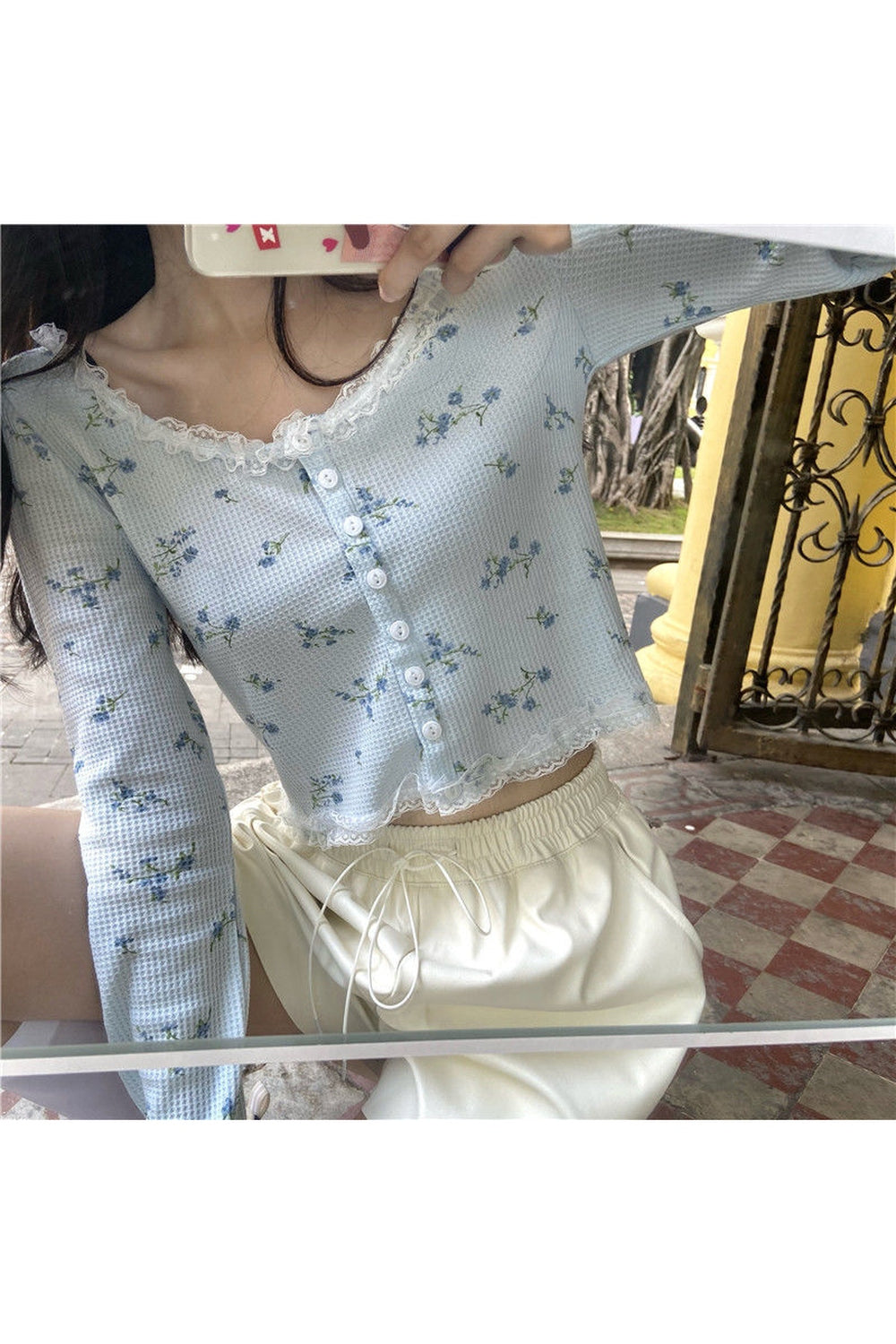 Lace Floral Long Sleeve Crop Top cottagecoreclothes