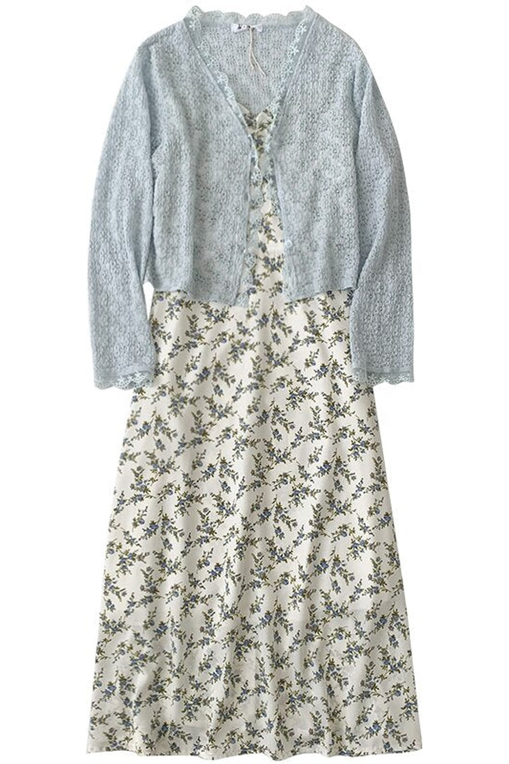 Two Piece Flower Long Dress & Vintage Blue Cardigan cottagecoreclothes