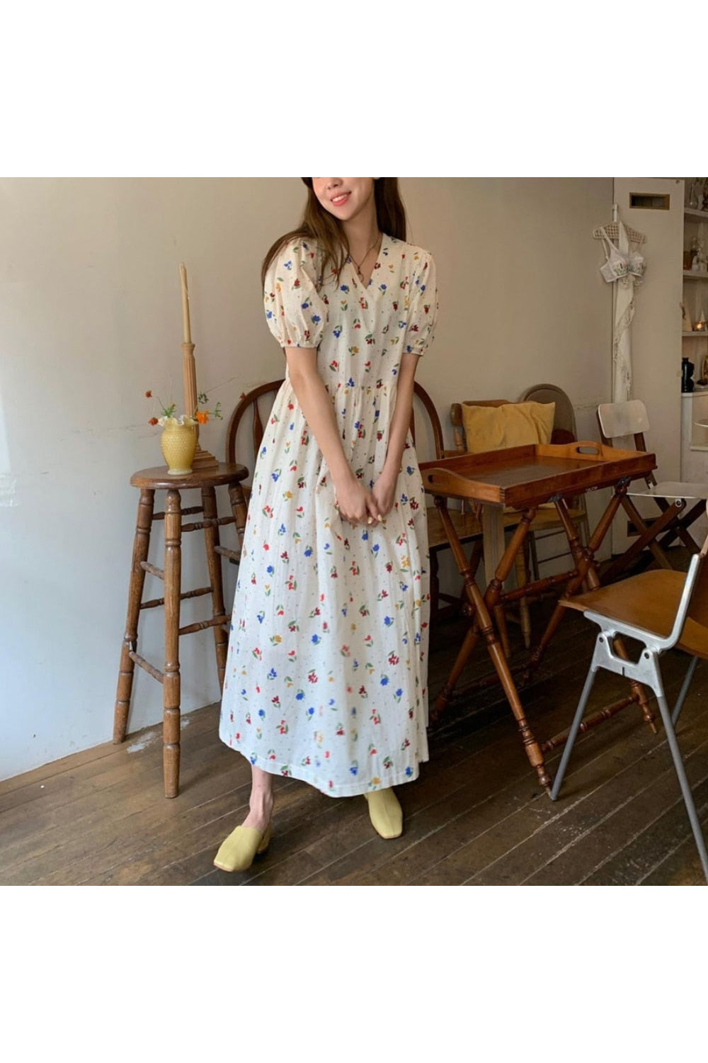 V-Neck Long Floral Dress cottagecoreclothes