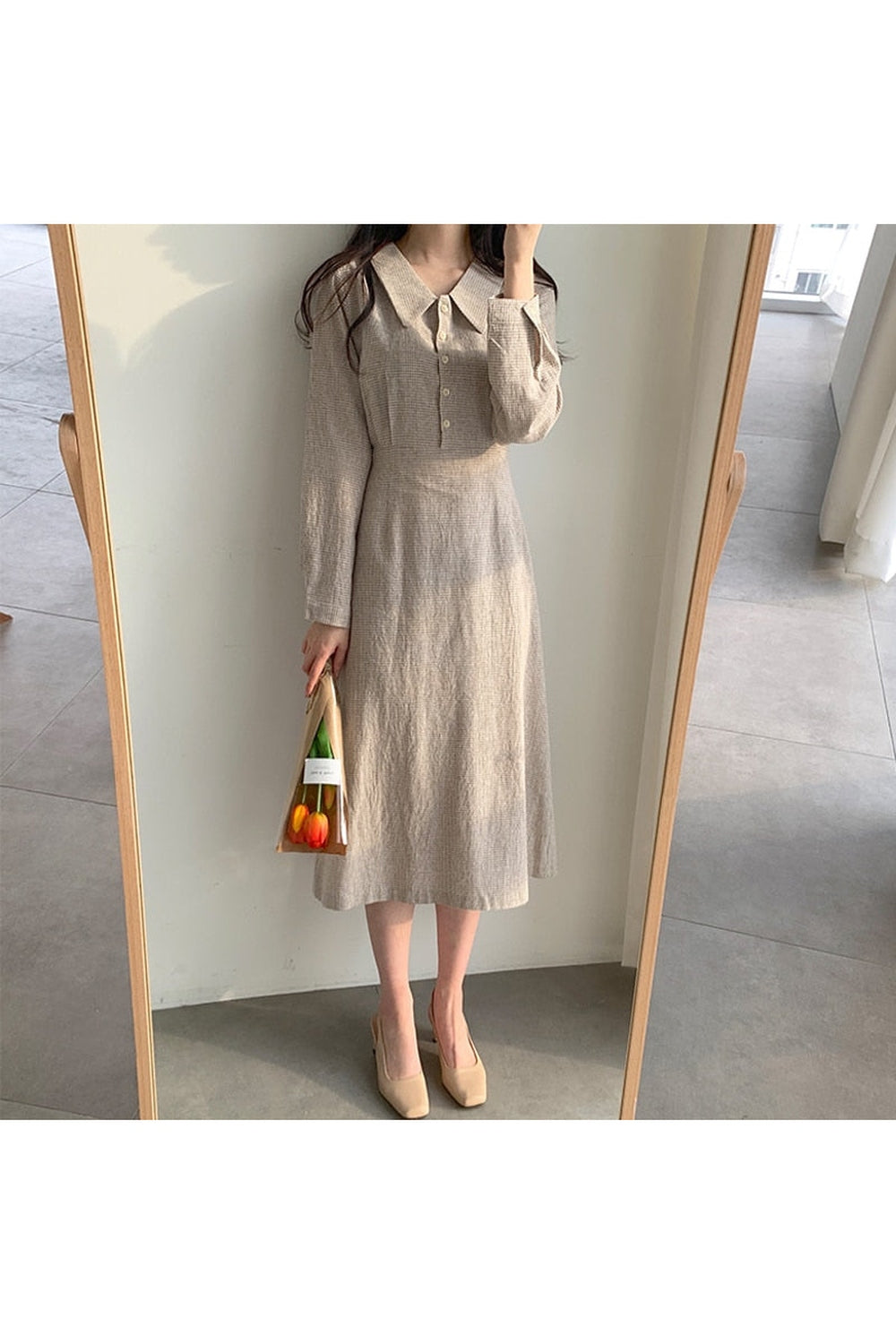 Vintage Plaid Long Sleeve Dress cottagecoreclothes