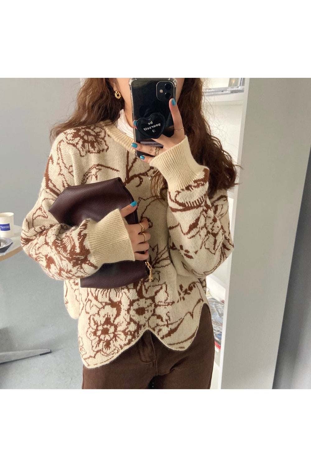Irregular Retro Fashion Floral Fall Sweater cottagecoreclothes
