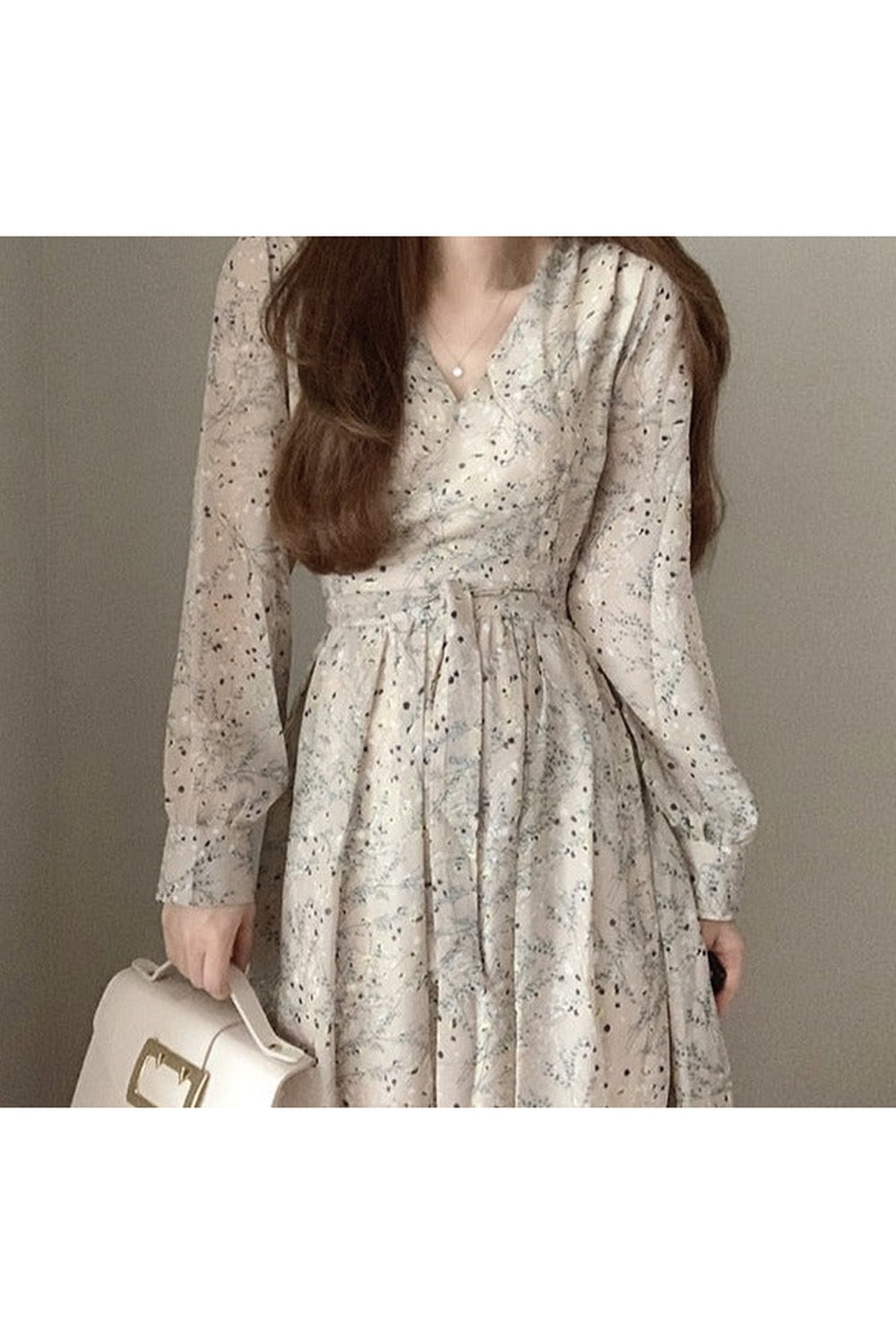 Long Sleeve V Neck Floral Dress cottagecoreclothes