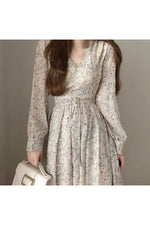 Long Sleeve V Neck Floral Dress cottagecoreclothes