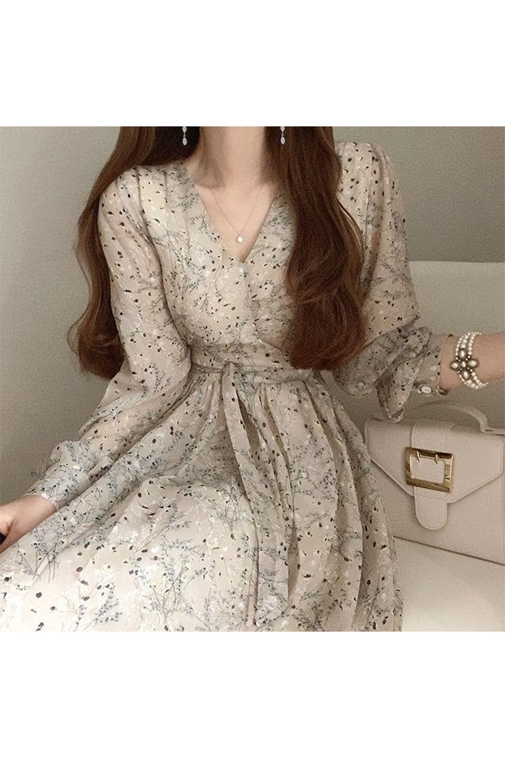 Long Sleeve V Neck Floral Dress cottagecoreclothes