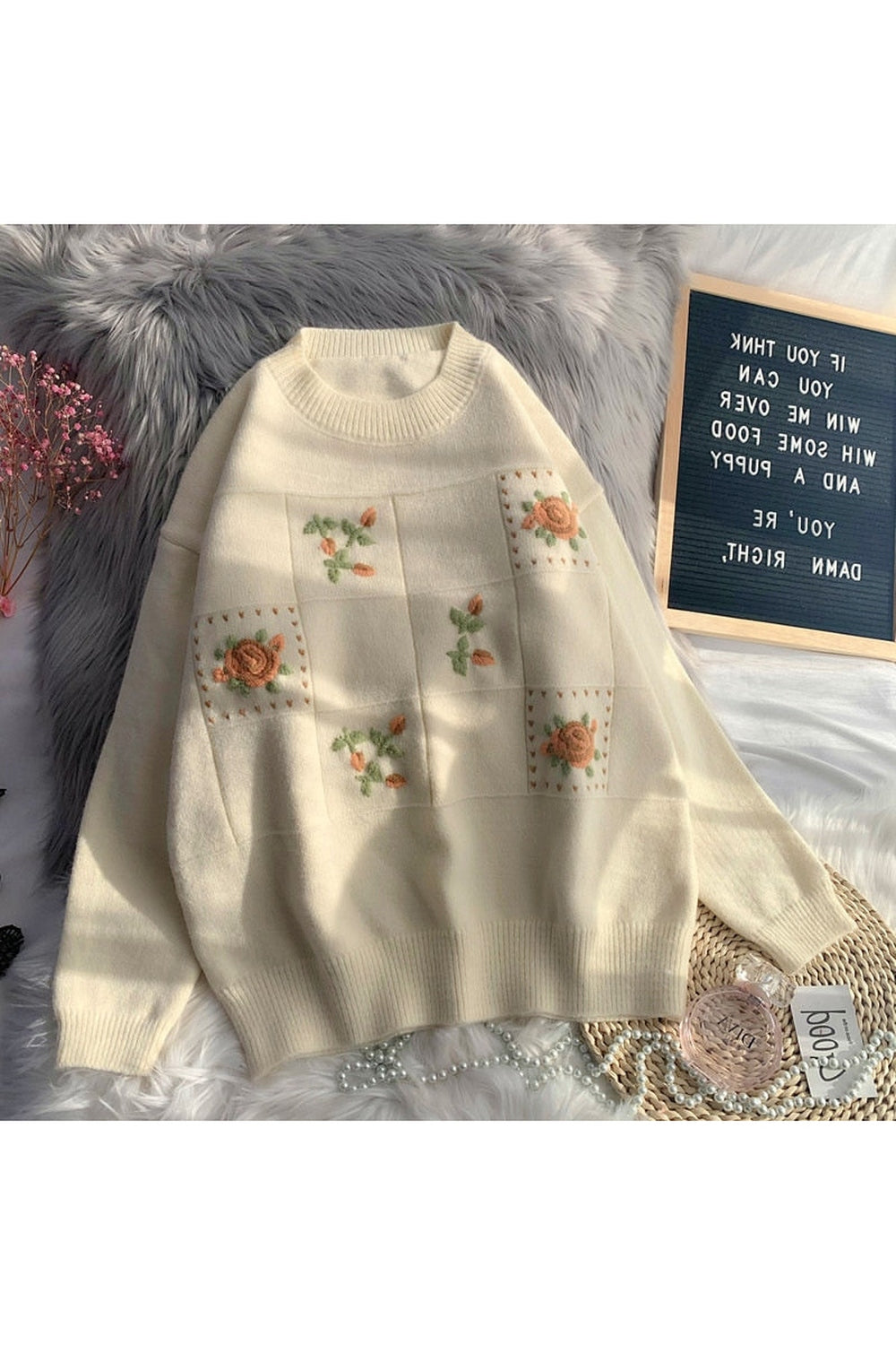 Vintage Floral Embroidery Knitted Fall Sweater cottagecoreclothes