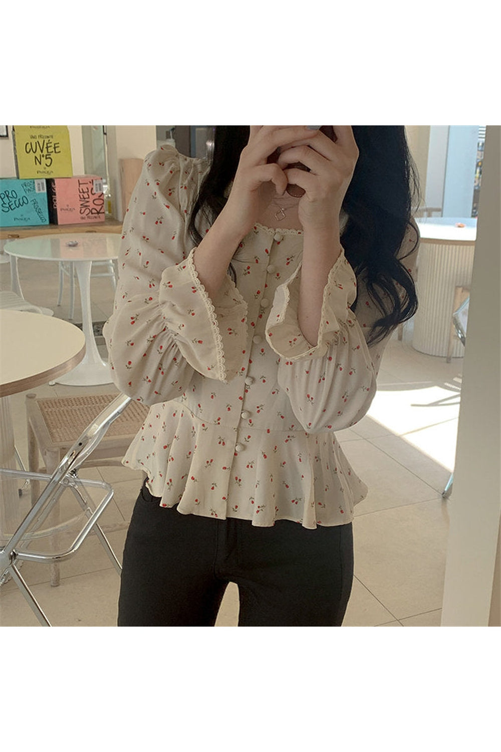 High Waist Floral Slim Blouse cottagecoreclothes