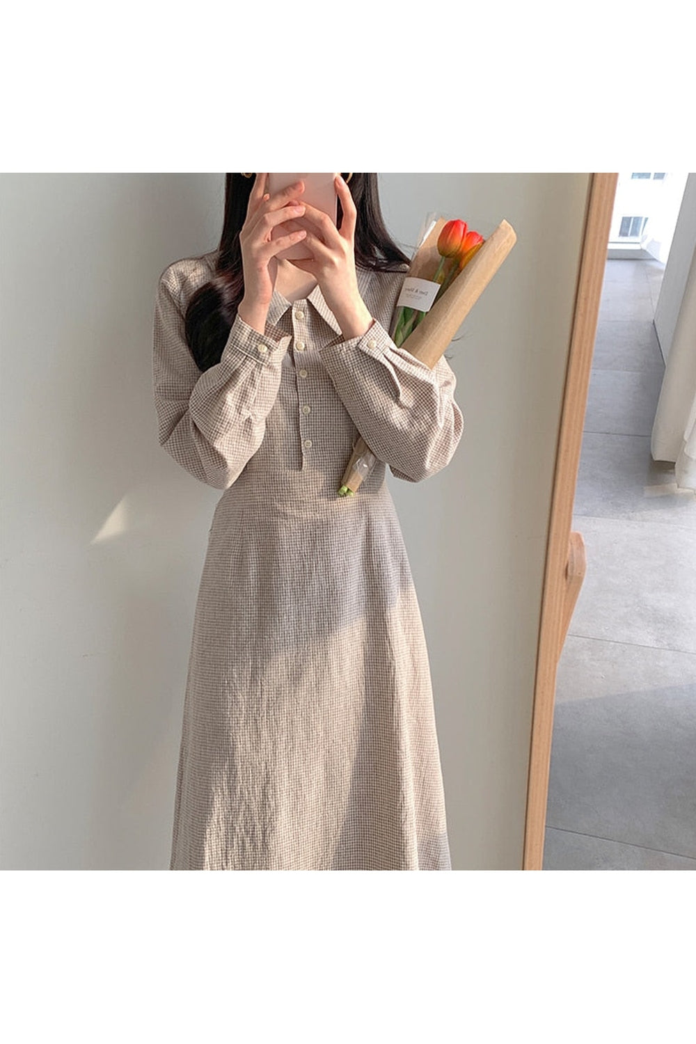 Vintage Plaid Long Sleeve Dress cottagecoreclothes