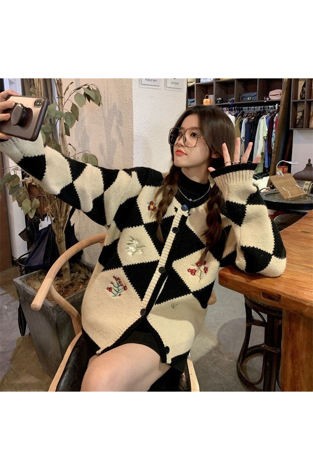 Cottagecore Retro Argyle Fall Cardigan cottagecoreclothes