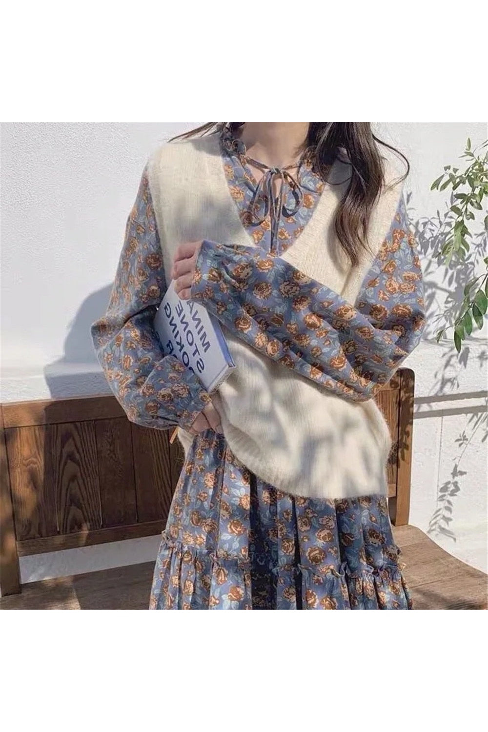 2pcs Set V-Neck Knitted Pullover + Ruffled Lace Floral Dress cottagecoreclothes