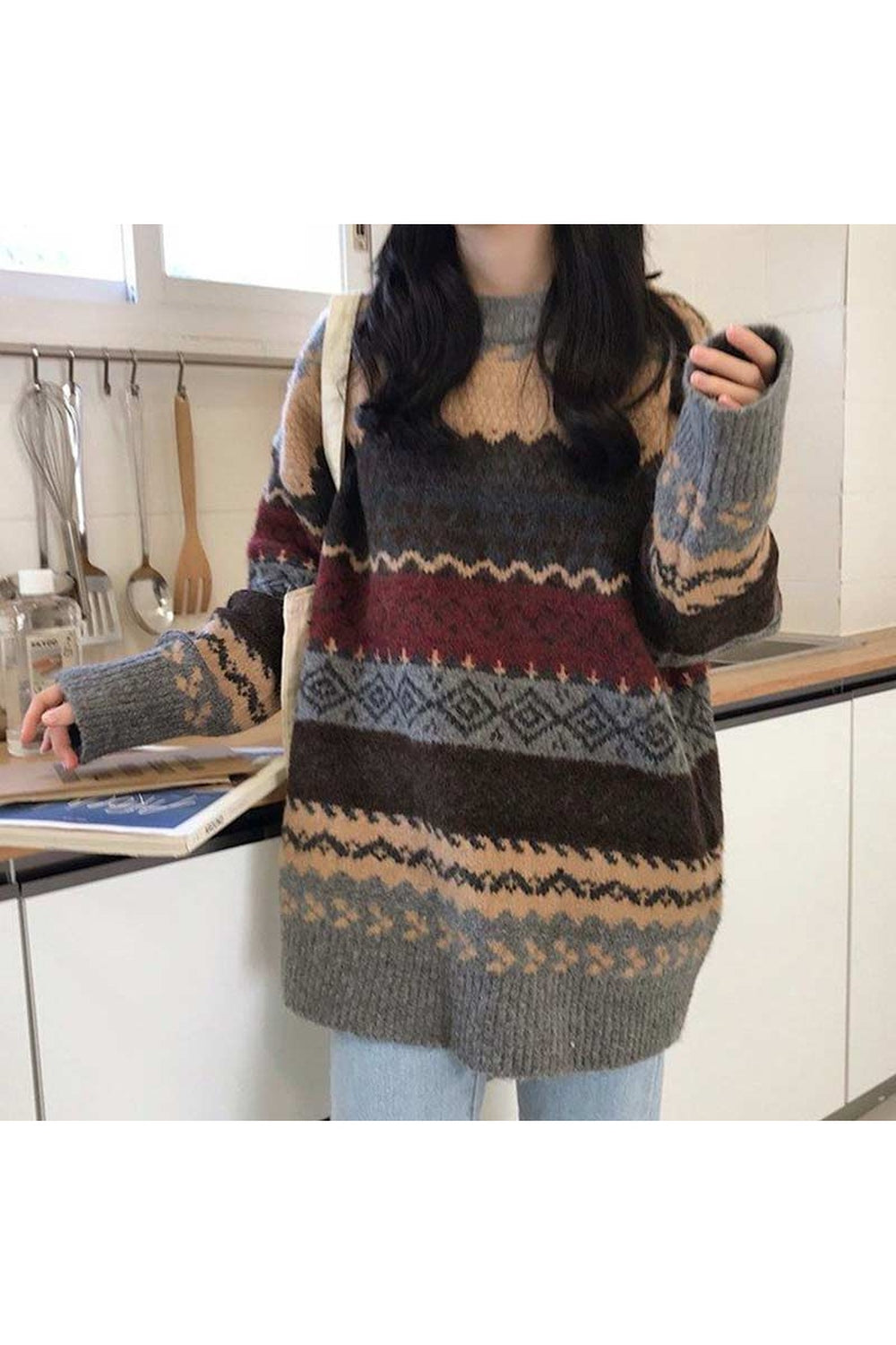 Vintage Style Striped Loose Fall Sweater cottagecoreclothes