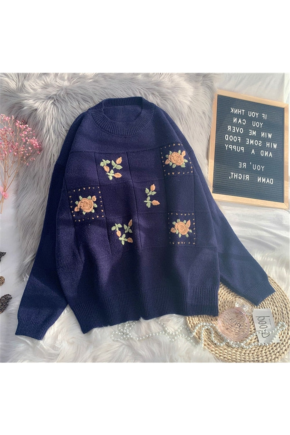 Vintage Floral Embroidery Knitted Fall Sweater cottagecoreclothes