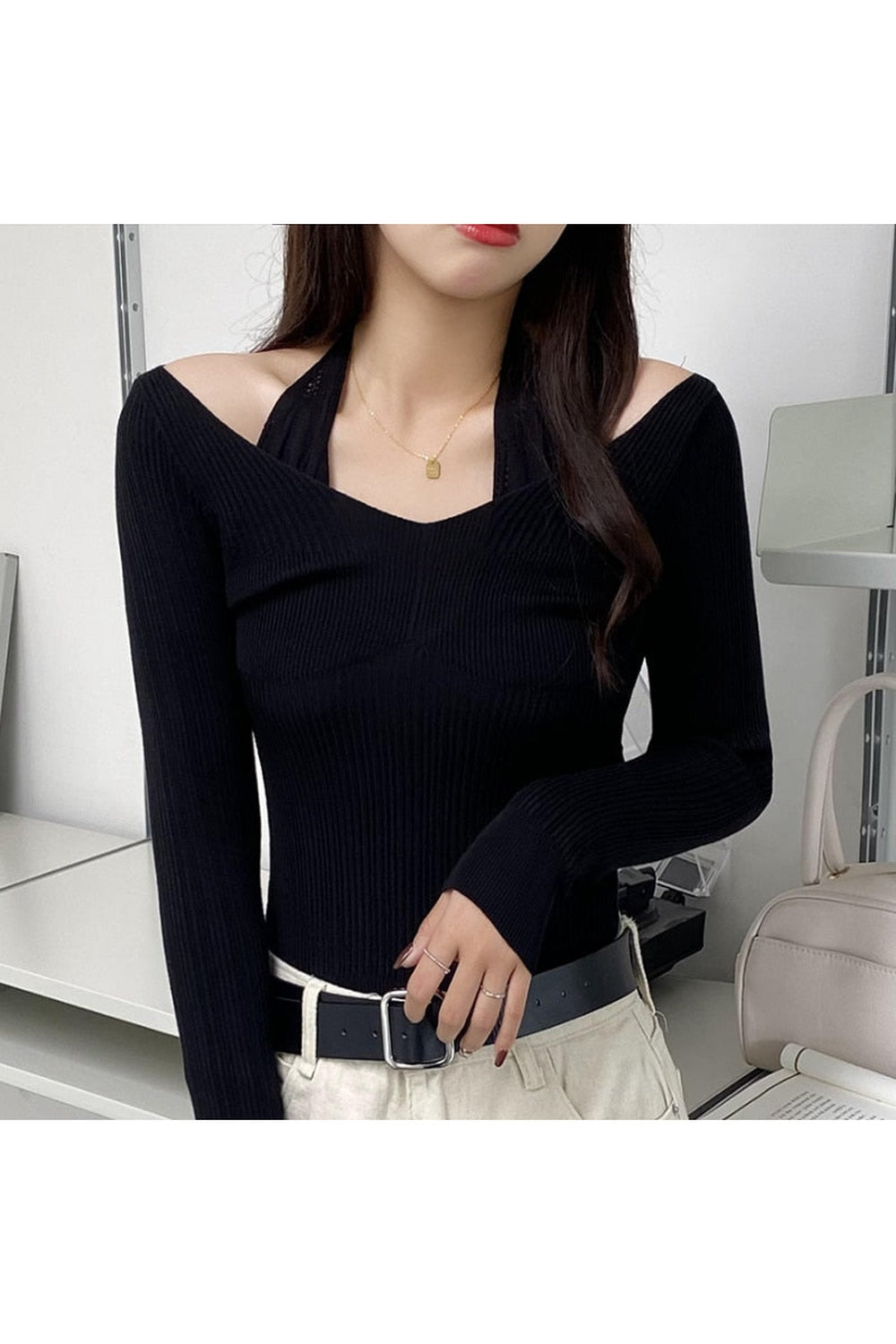 Fake Two-Piece Halter White Fall Sweater cottagecoreclothes