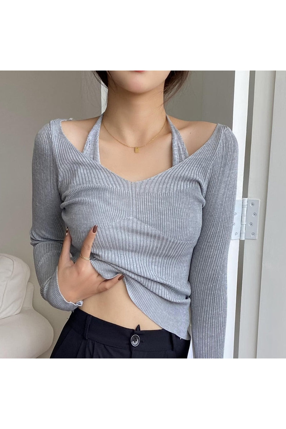 Fake Two-Piece Halter White Fall Sweater cottagecoreclothes