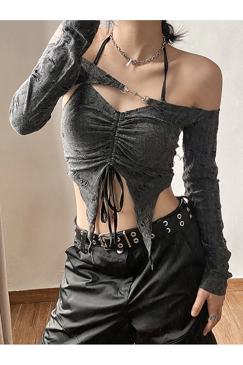 Fairy Grunge Long Sleeve Open Shoulders Crop Top cottagecoreclothes