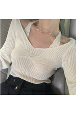 Fake Two-Piece Halter White Fall Sweater cottagecoreclothes