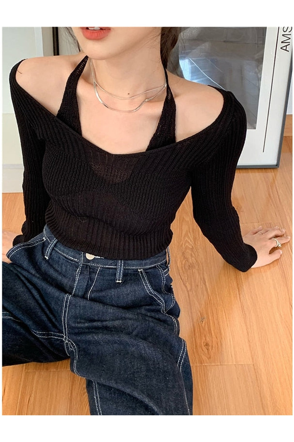 Fake Two-Piece Halter White Fall Sweater cottagecoreclothes