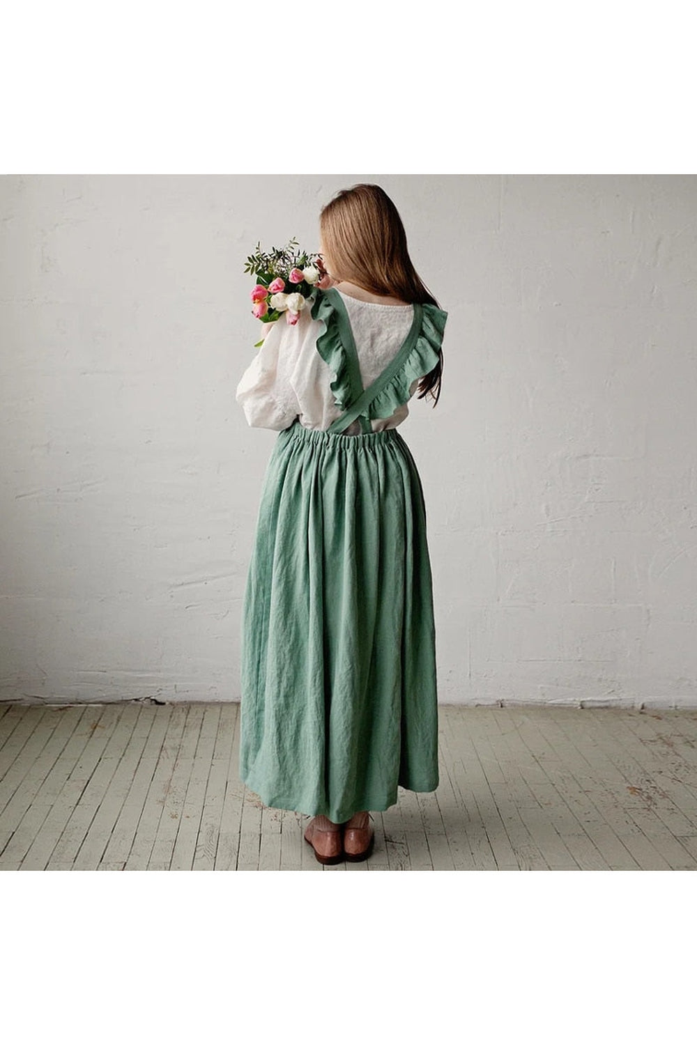 Retro Green Linen Dress cottagecoreclothes