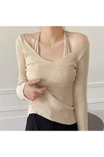 Fake Two-Piece Halter White Fall Sweater cottagecoreclothes