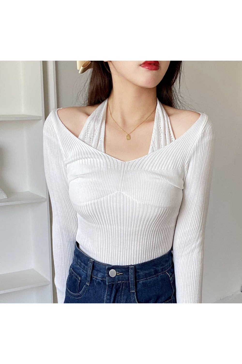 Fake Two-Piece Halter White Fall Sweater cottagecoreclothes