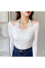 Fake Two-Piece Halter White Fall Sweater cottagecoreclothes