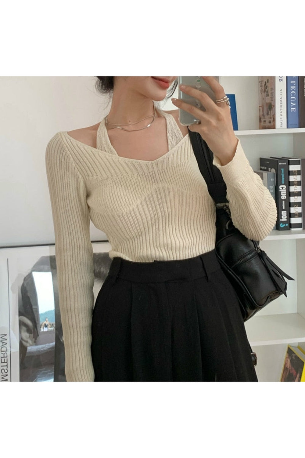 Fake Two-Piece Halter White Fall Sweater cottagecoreclothes