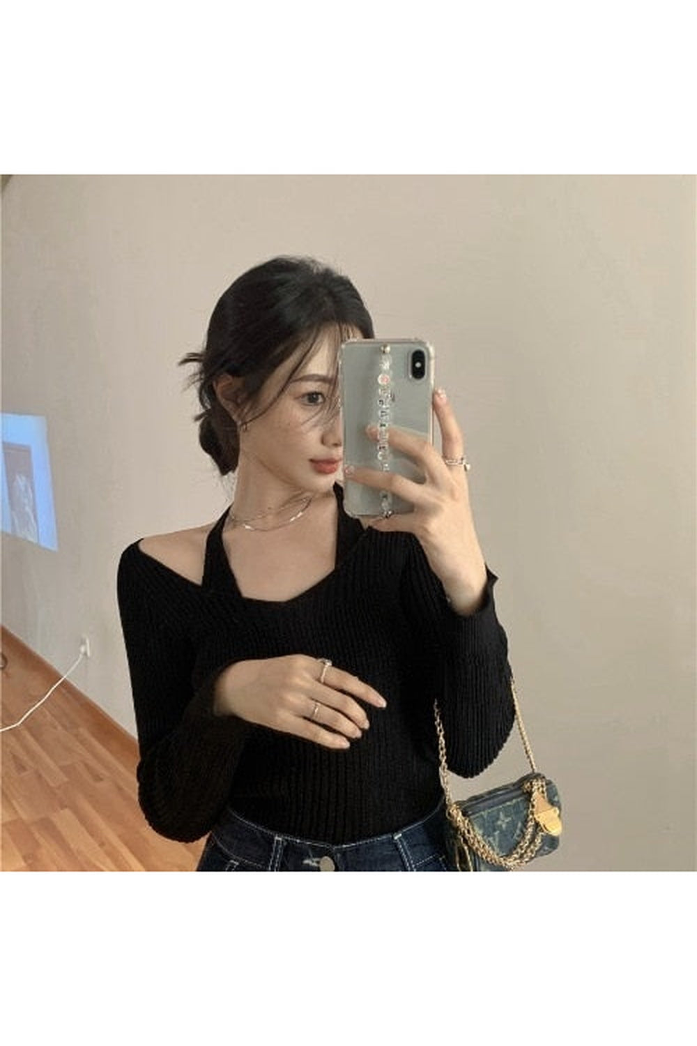 Fake Two-Piece Halter White Fall Sweater cottagecoreclothes