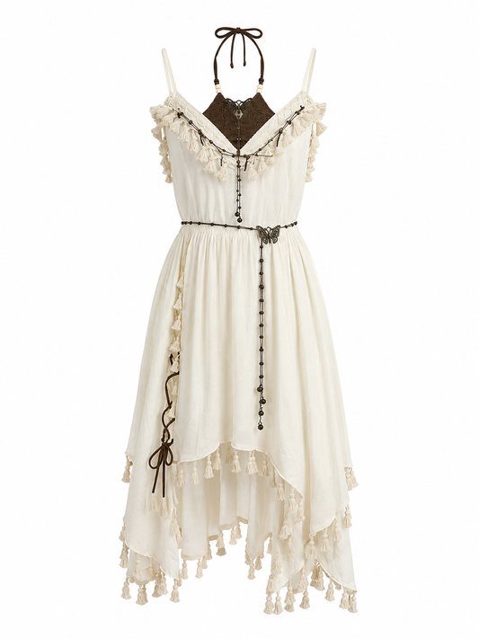 White Mori Kei Fairycore Tassel Dress