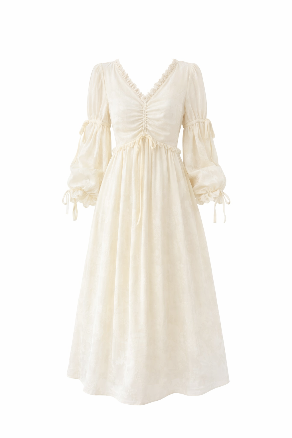 Fairycore Ivory Ruched Ribbon Maxi Dress