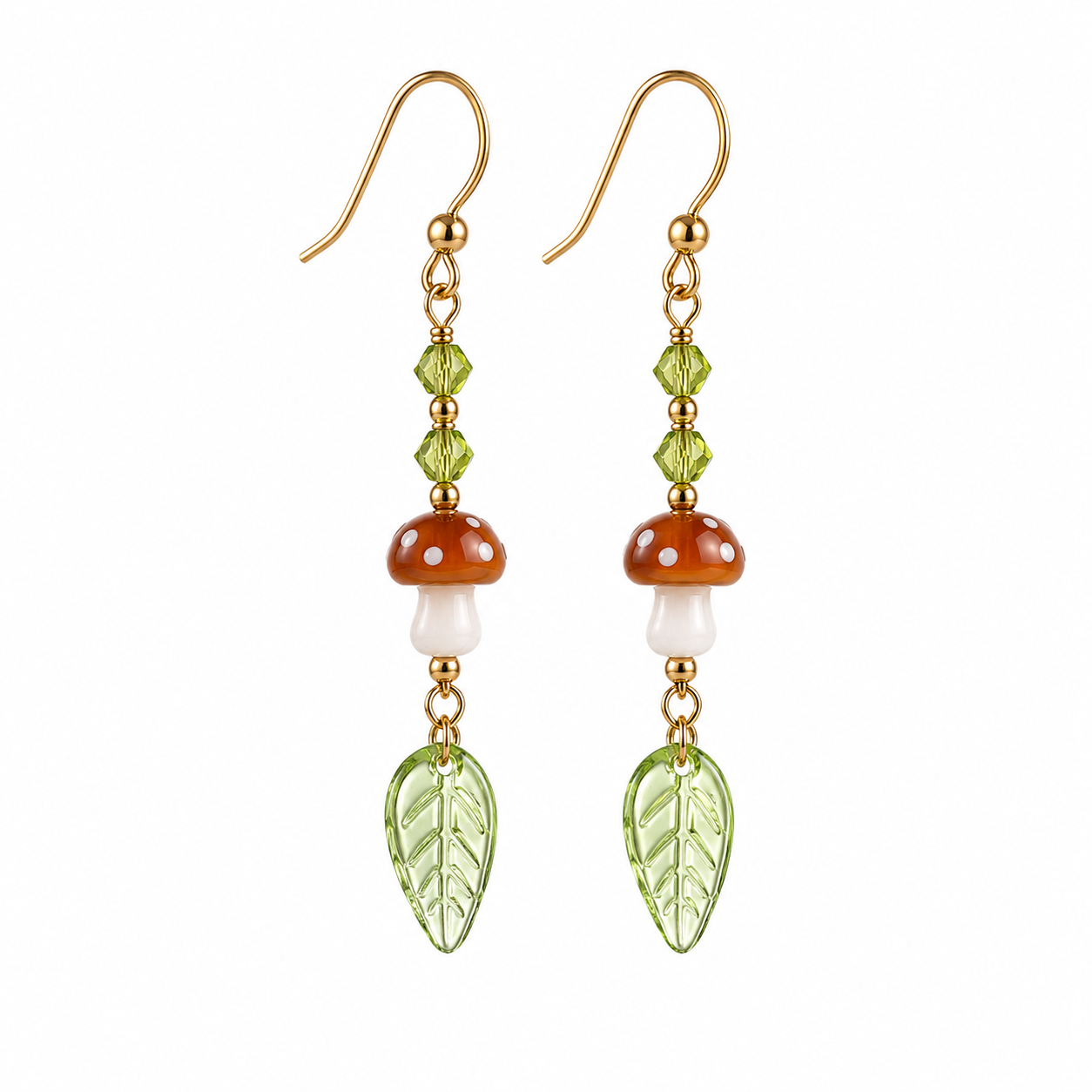 Goblincore Mushroom & Leaf Crystal Drop Earring