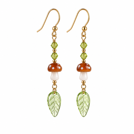 Goblincore Mushroom & Leaf Crystal Drop Earring