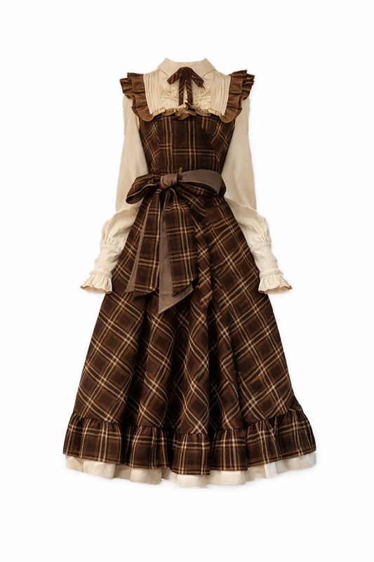 Dark Cottagecore Autumn Plaid Pinafore Set