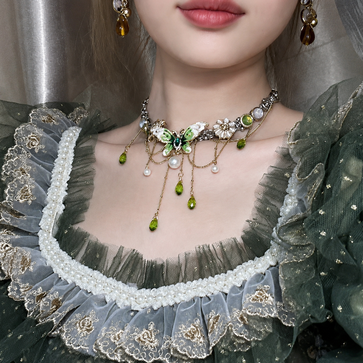 Fairycore Emerald Butterfly Draped Crystal Necklace