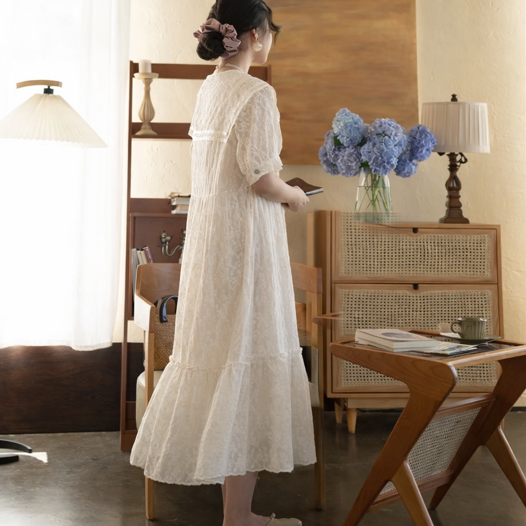 Mori Girl Cream Lace Sailor Collar Midi Dress