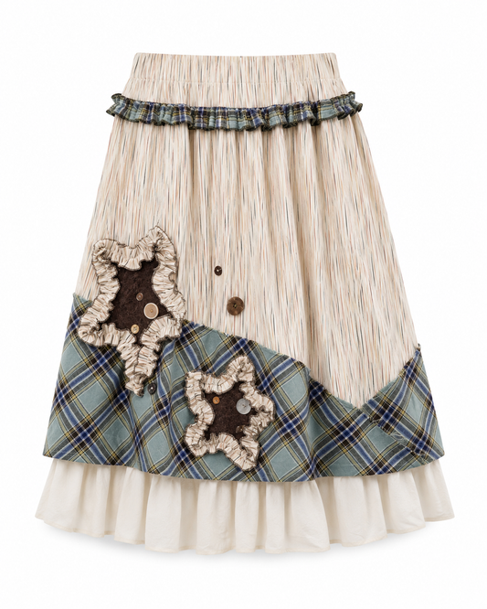 Goblincore Patchwork Plaid Ruffle Skirt