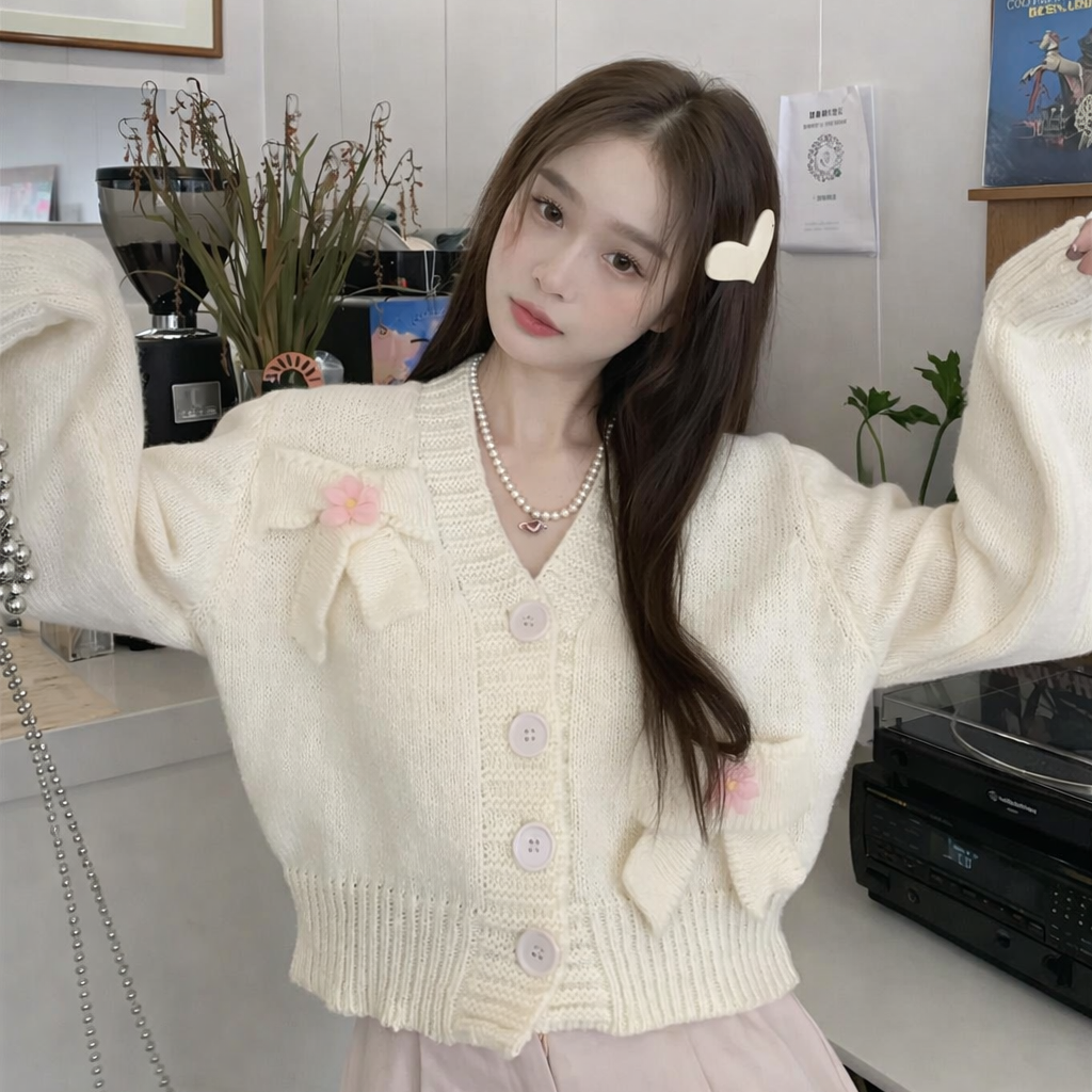 Fairycore Cream Bow & Blossom Knit Cardigan