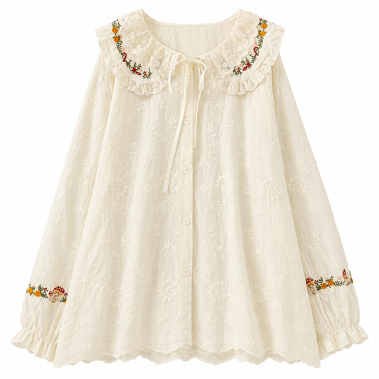 Cream Cottagecore Embroidered Lace Blouse