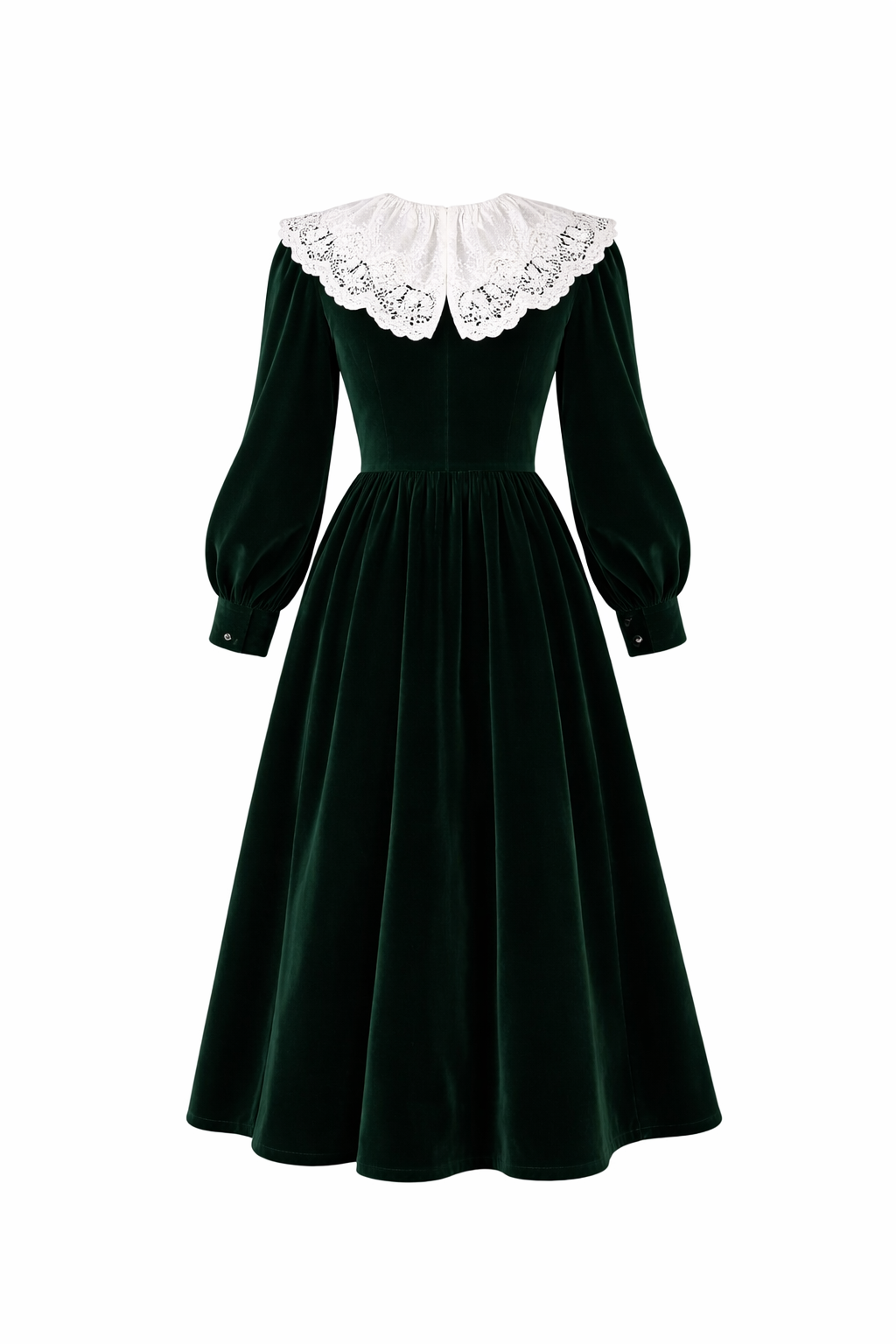 Dark Cottagecore Emerald Velvet Lace Collar Midi Dress