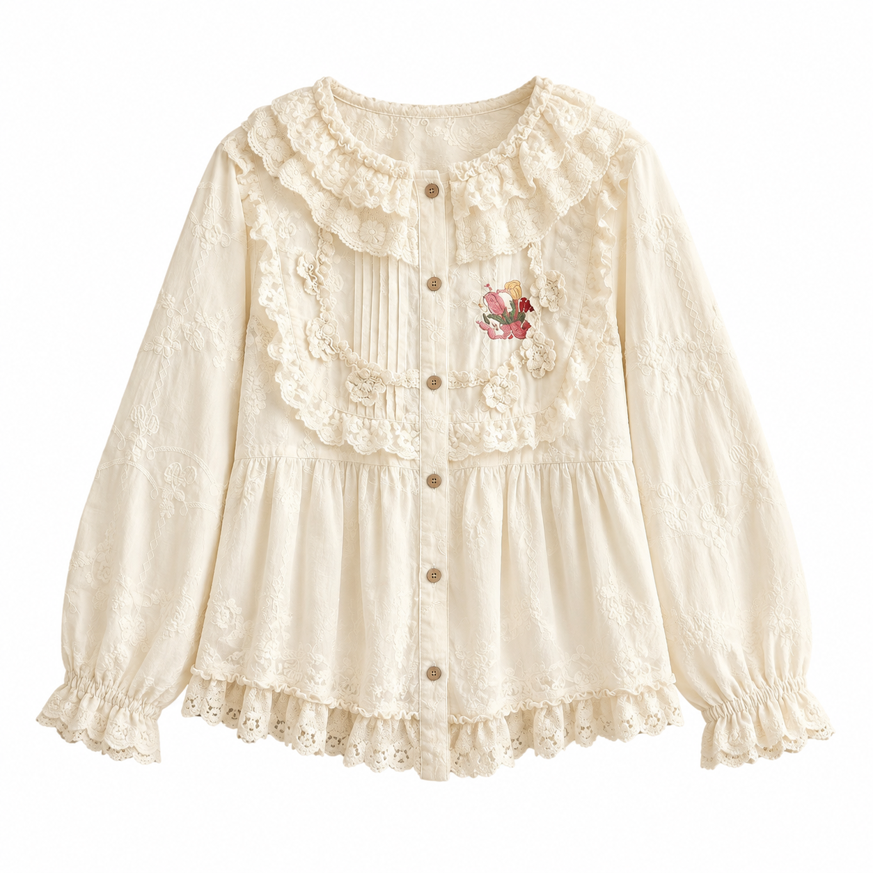 Mori Girl Cream Lace Ruffle Embroidery Blouse