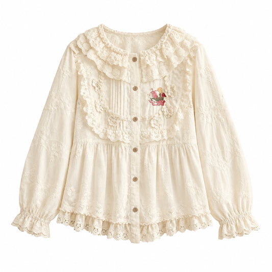 Mori Girl Cream Lace Ruffle Embroidery Blouse